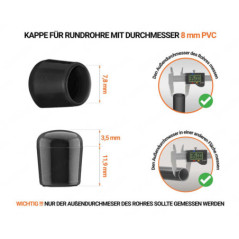 Schwarze Endkappen für Rundrohre Außendurchmesser PVC 8 mm mit technischen Abmessungen und Anleitung für korrekte Messung