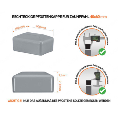 Graue Pfostenkappen rechteckig für Pfostenmaße 40x60 mm mit technischen Abmessungen und Anleitung für korrekte Messung