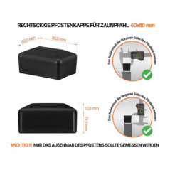 Schwarze Pfostenkappen rechteckig für Pfostenmaße 60x80 mm mit technischen Abmessungen und Anleitung für korrekte Messung