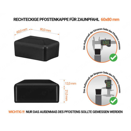 Schwarze Pfostenkappen rechteckig für Pfostenmaße 60x80 mm mit technischen Abmessungen und Anleitung für korrekte Messung