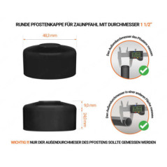 Schwarze Pfostenkappen rund für Pfostendurchmesser  1 1/2" mit technischen Abmessungen und Anleitung für korrekte Messung