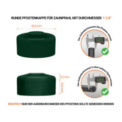 Grüne Pfostenkappen rund für Pfostendurchmesser  1 1/4" mit technischen Abmessungen und Anleitung für korrekte Messung