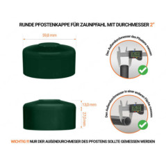 Grüne Pfostenkappen rund für Pfostendurchmesser  2" mit technischen Abmessungen und Anleitung für korrekte Messung