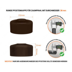 Braune Pfostenkappen rund für Pfostendurchmesser  38 mm mit technischen Abmessungen und Anleitung für korrekte Messung