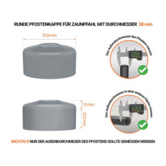Graue Pfostenkappen rund für Pfostendurchmesser  38 mm mit technischen Abmessungen und Anleitung für korrekte Messung