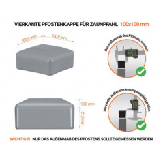 Graue Pfostenkappen vierkant für Pfostenmaße 100x100 mm mit technischen Abmessungen und Anleitung für korrekte Messung