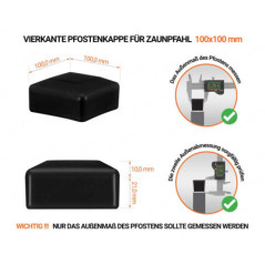 Schwarze Pfostenkappen vierkant für Pfostenmaße 15x15 mm  mit technischen Abmessungen und Anleitung für korrekte Messung