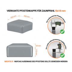 Graue Pfostenkappen vierkant für Pfostenmaße 18x18 mm  mit technischen Abmessungen und Anleitung für korrekte Messung