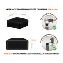 Schwarze Pfostenkappen vierkant für Pfostenmaße 20x20 mm  mit technischen Abmessungen und Anleitung für korrekte Messung
