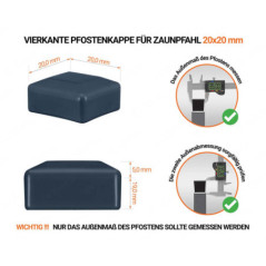 Anthrazite Pfostenkappen vierkant für Pfostenmaße 20x20 mm  mit technischen Abmessungen und Anleitung für korrekte Messung