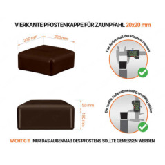 Braune Pfostenkappen vierkant für Pfostenmaße 20x20 mm  mit technischen Abmessungen und Anleitung für korrekte Messung