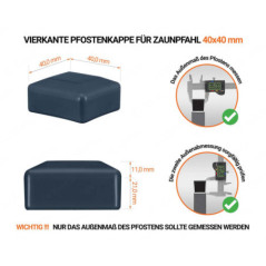 Anthrazite Pfostenkappen vierkant für Pfostenmaße 40x40 mm  mit technischen Abmessungen und Anleitung für korrekte Messung
