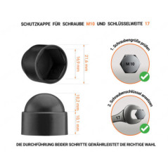 Schwarze Schutzkappen für Schrauben M10 Schlüsselweite 17 mit technischen Abmessungen und Anleitung für korrekte Messung