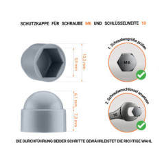 Graue Schutzkappen für Schrauben M6 Schlüsselweite 10 mit technischen Abmessungen und Anleitung für korrekte Messung