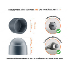 Anthrazite Schutzkappen für Schrauben M8 Schlüsselweite 13 mit technischen Abmessungen und Anleitung für korrekte Messung