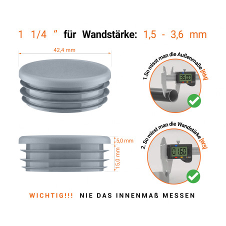 Graue Endkappe für Rundrohre in der Größe 1 1/4" mit technischen Abmessungen und Anleitung für korrekte Messung