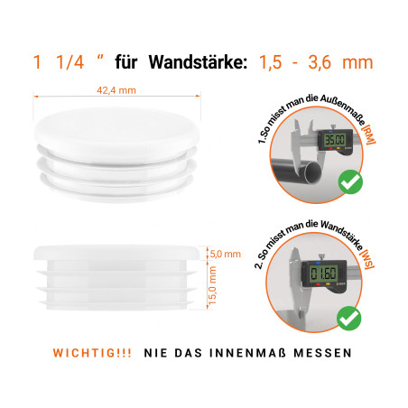 Weiße Endkappe für Rundrohre in der Größe 1 1/4" mit technischen Abmessungen und Anleitung für korrekte Messung