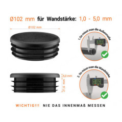 Schwarze Endkappe für Rundrohre in der Größe 102 mm mit technischen Abmessungen und Anleitung für korrekte Messung