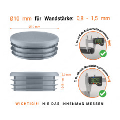 Graue Endkappe für Rundrohre in der Größe 10 mm mit technischen Abmessungen und Anleitung für korrekte Messung