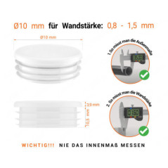 Weiß_x001f_e Endkappe für Rundrohre in der Größe 10 mm mit technischen Abmessungen und Anleitung für korrekte Messung