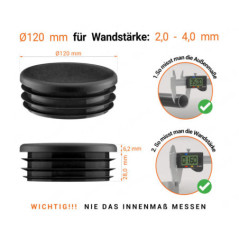 Schwarze Endkappe für Rundrohre in der Größe 120 mm mit technischen Abmessungen und Anleitung für korrekte Messung