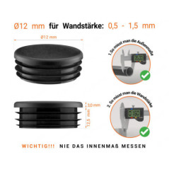 Schwarze Endkappe für Rundrohre in der Größe 12 mm mit technischen Abmessungen und Anleitung für korrekte Messung