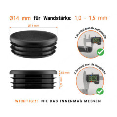 Schwarze Endkappe für Rundrohre in der Größe 14 mm mit technischen Abmessungen und Anleitung für korrekte Messung