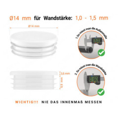 Weiß_x001f_e Endkappe für Rundrohre in der Größe 14 mm mit technischen Abmessungen und Anleitung für korrekte Messung