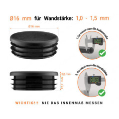Schwarze Endkappe für Rundrohre in der Größe 16 mm mit technischen Abmessungen und Anleitung für korrekte Messung