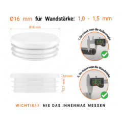 Weiß_x001f_e Endkappe für Rundrohre in der Größe 16 mm mit technischen Abmessungen und Anleitung für korrekte Messung