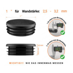 Schwarze Endkappe für Rundrohre in der Größe 1" mit technischen Abmessungen und Anleitung für korrekte Messung