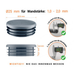 Anthrazite Endkappe für Rundrohre in der Größe 25 mm mit technischen Abmessungen und Anleitung für korrekte Messung