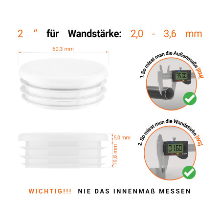 Weiß_x001f_e Endkappe für Rundrohre in der Größe 2" mit technischen Abmessungen und Anleitung für korrekte Messung