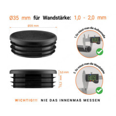 Schwarze Endkappe für Rundrohre in der Größe 35 mm mit technischen Abmessungen und Anleitung für korrekte Messung