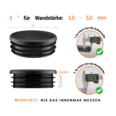 Schwarze Endkappe für Rundrohre in der Größe 3" mit technischen Abmessungen und Anleitung für korrekte Messung