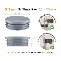 Graue Endkappe für Rundrohre in der Größe 45 mm mit technischen Abmessungen und Anleitung für korrekte Messung