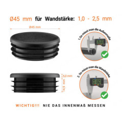Schwarze Endkappe für Rundrohre in der Größe 45 mm mit technischen Abmessungen und Anleitung für korrekte Messung