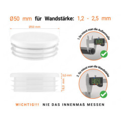 Weiß_x001f_e Endkappe für Rundrohre in der Größe 50 mm mit technischen Abmessungen und Anleitung für korrekte Messung