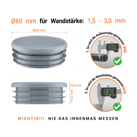 Graue Endkappe für Rundrohre in der Größe 60 mm mit technischen Abmessungen und Anleitung für korrekte Messung