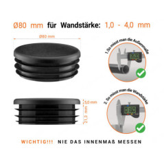 Schwarze Endkappe für Rundrohre in der Größe 80 mm mit technischen Abmessungen und Anleitung für korrekte Messung