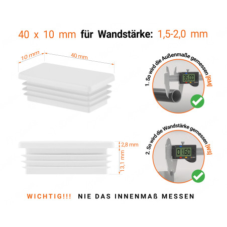 Weiße Endkappe für rechteckige Rohre in der Größe 10x40  mm mit technischen Abmessungen und Anleitung für korrekte Messung