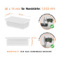 Weiße Endkappe für rechteckige Rohre in der Größe 15x40  mm mit technischen Abmessungen und Anleitung für korrekte Messung