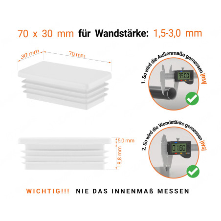 Weiße Endkappe für rechteckige Rohre in der Größe 30x70  mm mit technischen Abmessungen und Anleitung für korrekte Messung