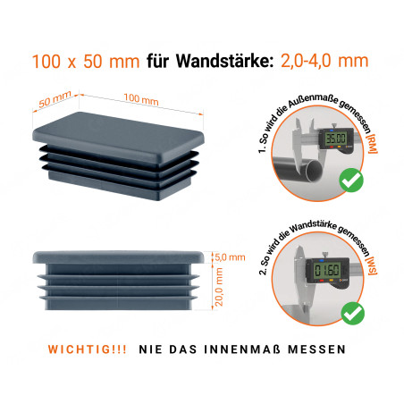 Weiße Endkappe für rechteckige Rohre in der Größe 40x80  mm mit technischen Abmessungen und Anleitung für korrekte Messung