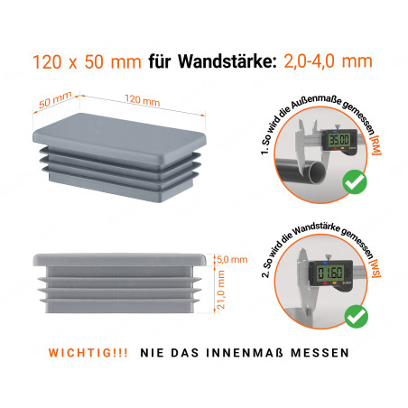 Graue Endkappe für rechteckige Rohre in der Größe 50x120  mm mit technischen Abmessungen und Anleitung für korrekte Messung