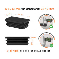 Schwarze Endkappe für rechteckige Rohre in der Größe 50x120  mm mit technischen Abmessungen und Anleitung für korrekte Messung