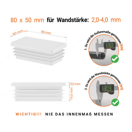 Weiße Endkappe für rechteckige Rohre in der Größe 50x80  mm mit technischen Abmessungen und Anleitung für korrekte Messung