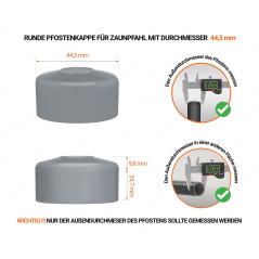 Graue Pfostenkappen rund für Pfostendurchmesser  44,5 mm mit technischen Abmessungen und Anleitung für korrekte Messung