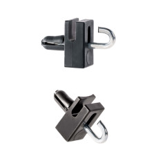 Schwarz Doppelankerhalterung zur Sicherung von Zaun- oder Netzinstallationen.