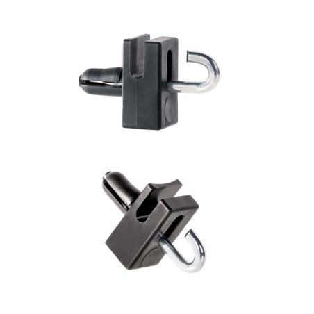 Schwarz Doppelankerhalterung zur Sicherung von Zaun- oder Netzinstallationen.